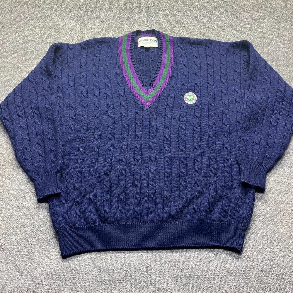 Vintage Wimbledon Men's XL Cable Knit V-Neck Sweater Navy Blue Tennis Preppy